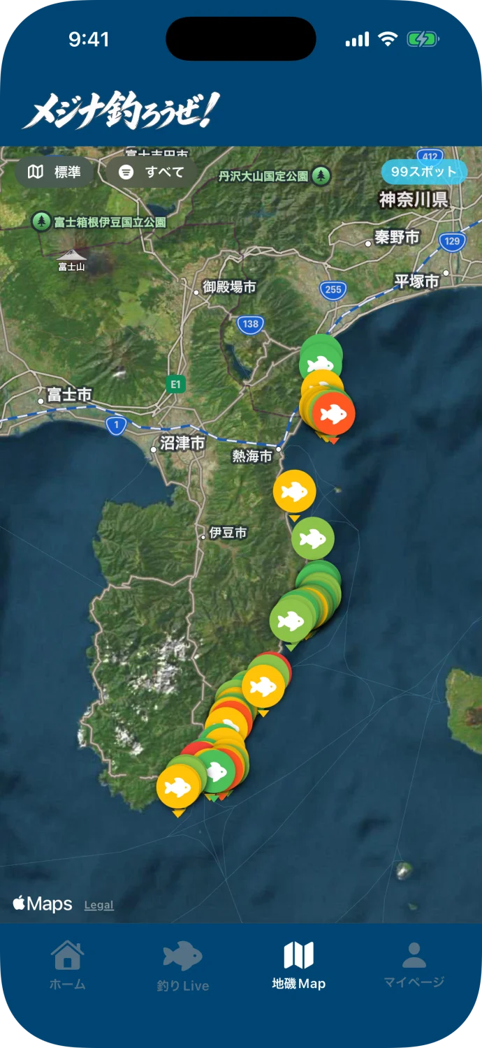 地磯マップ。伊豆の釣りポイントが地図に並ぶ